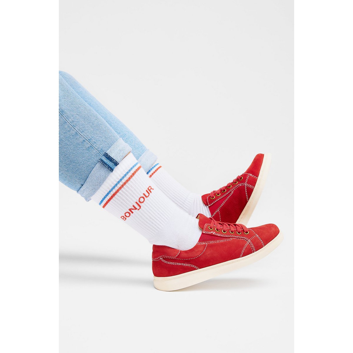 Organic socks Bonjour - white tennis socks with stripes and lettering