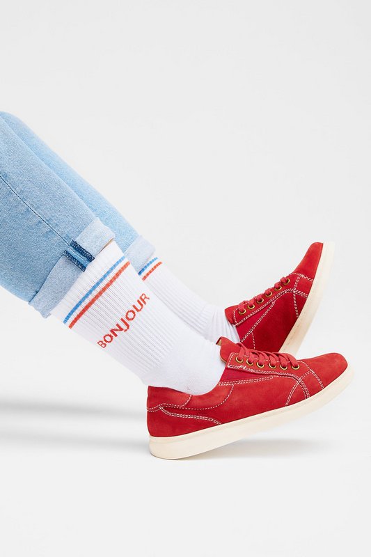 Organic socks Bonjour - white tennis socks with stripes and lettering