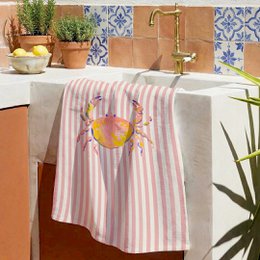  Pink striped kitchen towel with watercolor crab motif design, cotton fabric