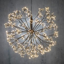  A large, round, black metal chandelier with warm white LED lights arranged in a burst pattern, creating a festive and decorative lighting fixture suitable for Christmas or other holiday decor.