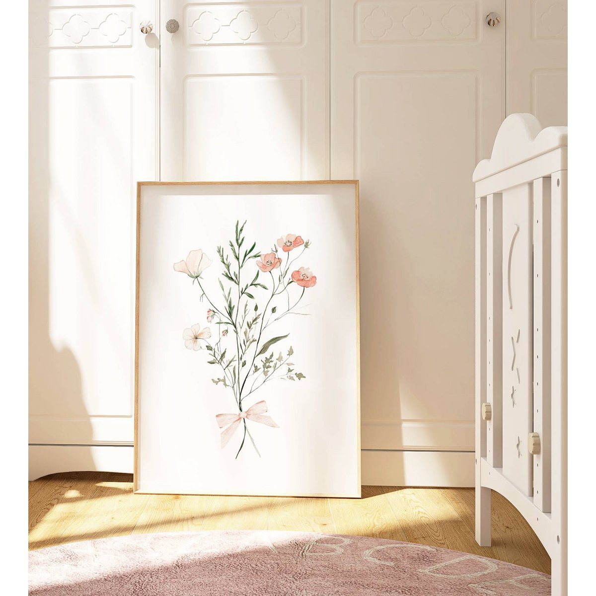 Flores de primavera de rubor con arco, póster de flores silvestres rosadas, estampado de ramo de flores silvestres, huella de guardería floral, póster botánico, póster de flores, huella de vivero floral, póster de flores silvestres, póster de vivero 