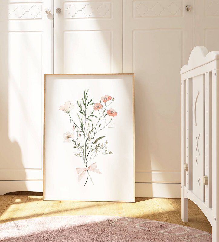 Errötende Frühlingsblumen mit Bug, rosa Wildblumenplakat, Wildblumen -Bouquet -Druck, Blumendruck, botanisches Plakat, Blumenplakat, Blumendruck, Wildblumenplakat, Blumen -Kindergarten -Plakat, Pfirsichblumen