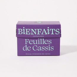 Blackcurrant infusion tea, promotes toxin elimination, purple box packaging, herbal tea.