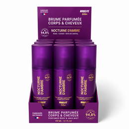 Purple body and hair mist spray, amber nocturne fragrance, nighttime scent collection.