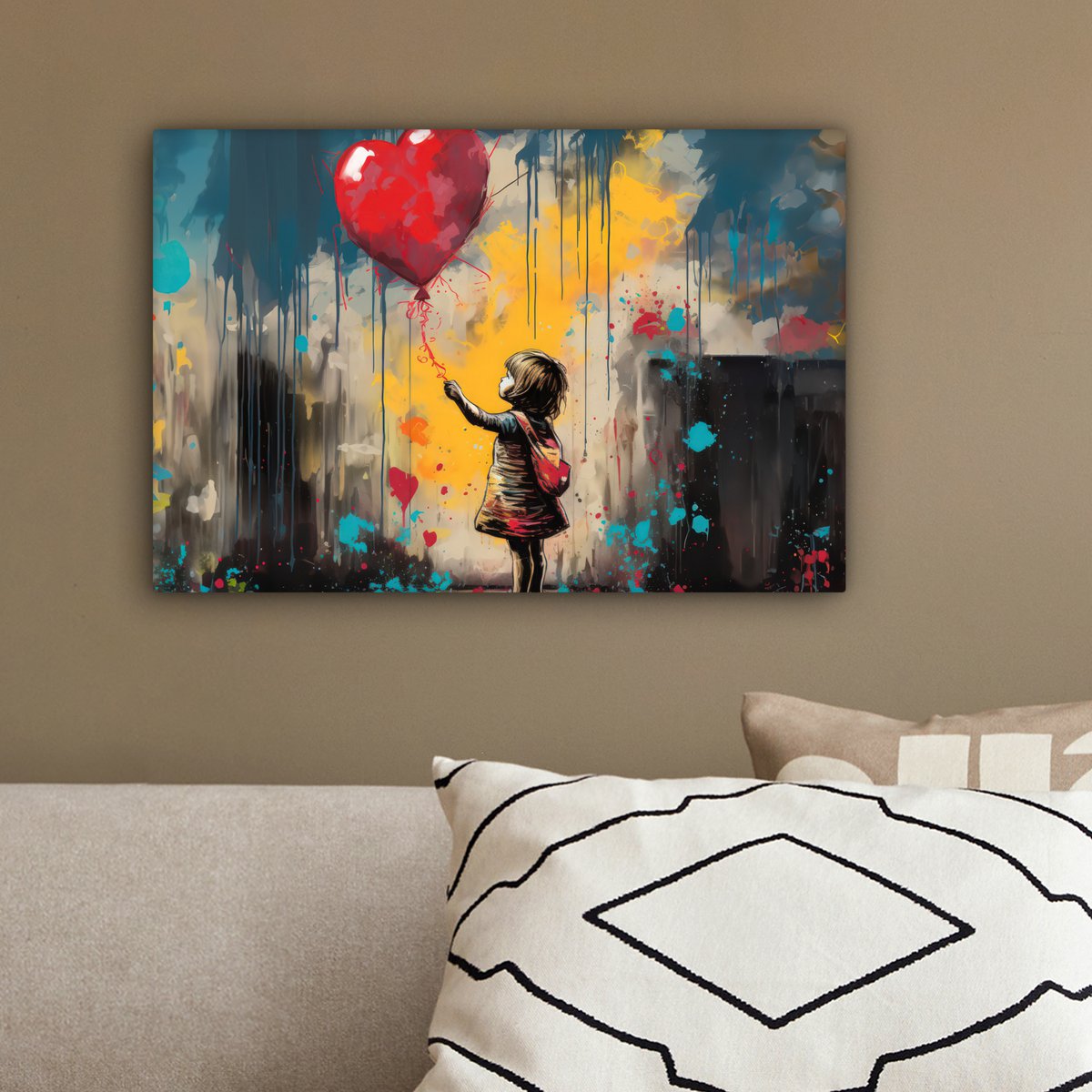Canvas schilderij  - Wanddecoratie Meisje - Ballon - Hart - Graffiti - Muurdecoratie woonkamer - Slaapkamer decoratie - Kamer accessoires - Schilderijen op canvas