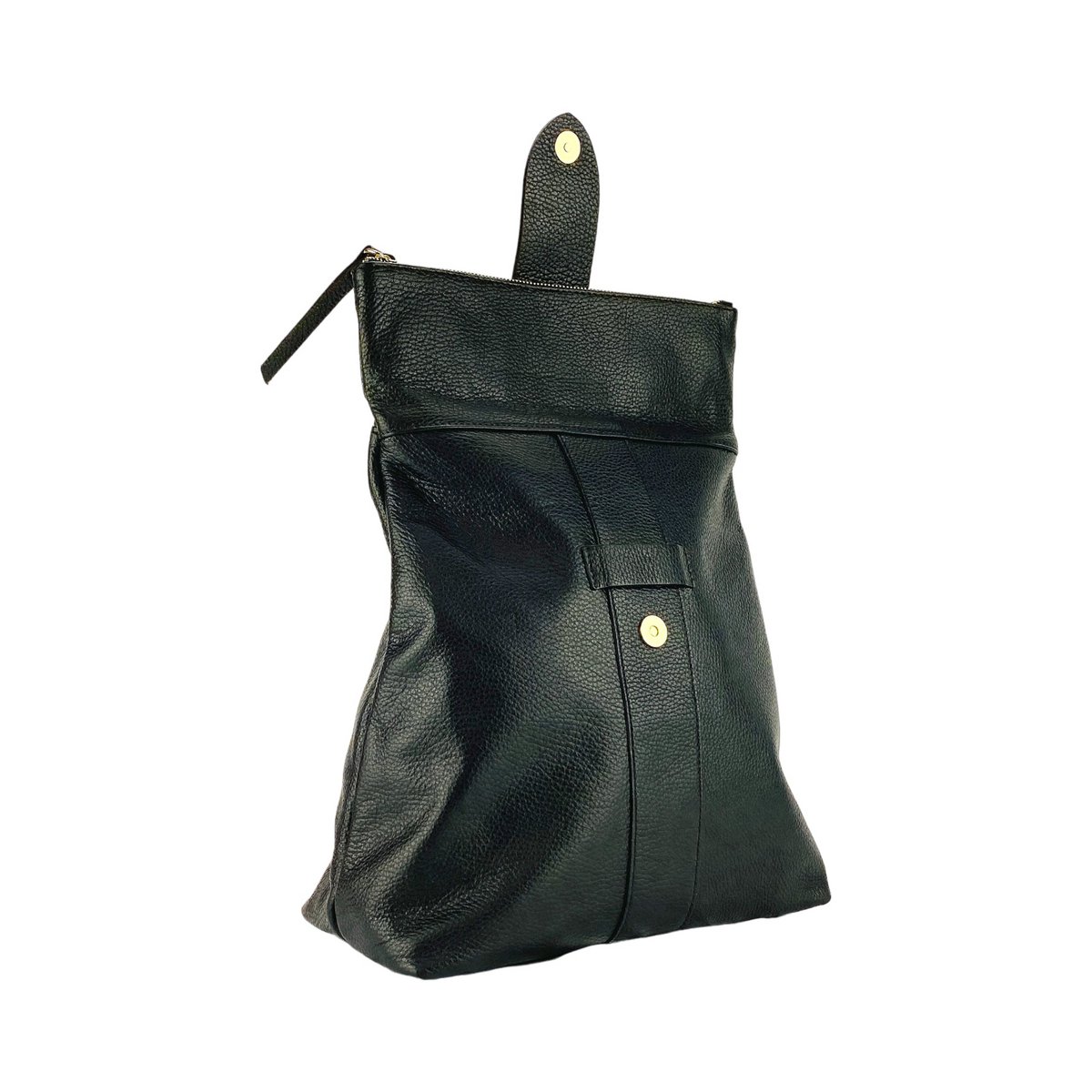 RB1021A | Sac à dos souple pour femme en cuir véritable fabriqué en Italie avec bretelles réglables. Fermeture éclair et accessoires en métal doré brillant - Coloris Noir - Dimensions : 30 x 34 x 10,5 cm