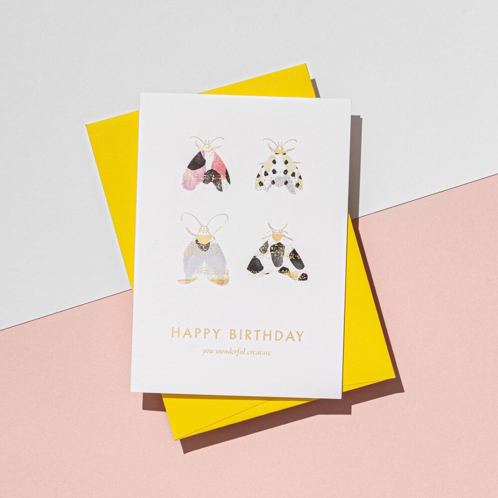 "Alles Gute zum Geburtstag" Mottenkarte - Fabrik gelber Umschlag