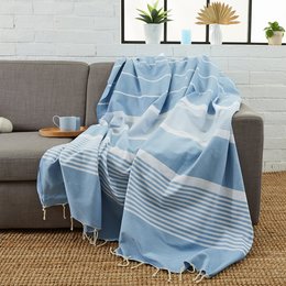 A large, soft, and absorbent beach towel in a variety of colors including duck blue, sky blue, ocean blue, black, olive, red, sahara, taupe, turquoise, calcined gray, and mustard yellow. The towel features a striped pattern and measures 200x300 cm, making it suitable for use as a throw or blanket as well.