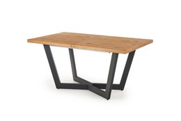 Extendable wooden dining table, natural wood color, modern black metal base, rectangular shape, seats multiple people.