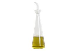 Borosilicate oil can with 500ml capacity, clear glass body, and white plastic dispenser top.