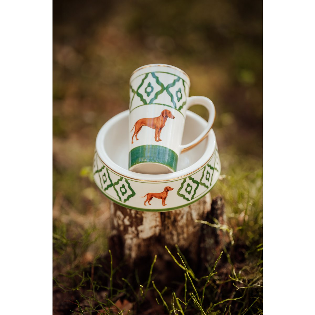 Taza de té modelo Vizsla de cerámica pintada a mano con motivo Vizsla, borde dorado y mango bañado en oro, 250 ml. Contenido de la taza disponible en rojo, verde y azul. Copiar
