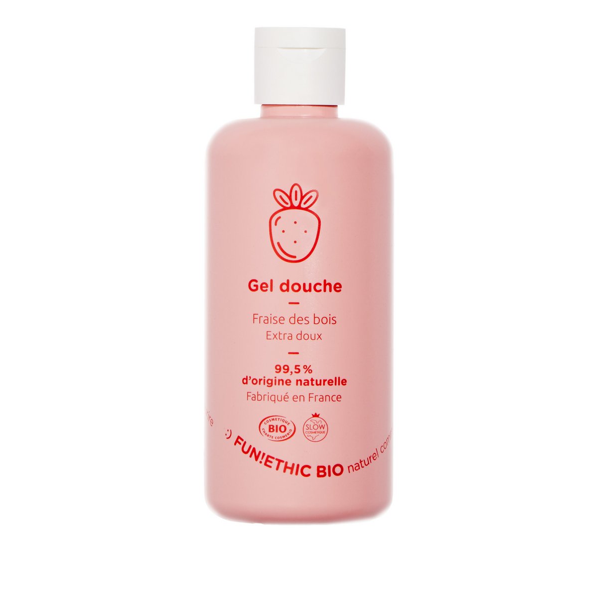 Gel de ducha extra suave certificado Cosmos Organic - Fragancia gourmet afrutada de fresa silvestre 100% natural orgánico