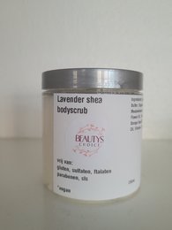 Lavender shea body scrub with exfoliating properties, suitable for all skin types. Contains natural ingredients like lavender and shea butter to nourish and rejuvenate the skin.