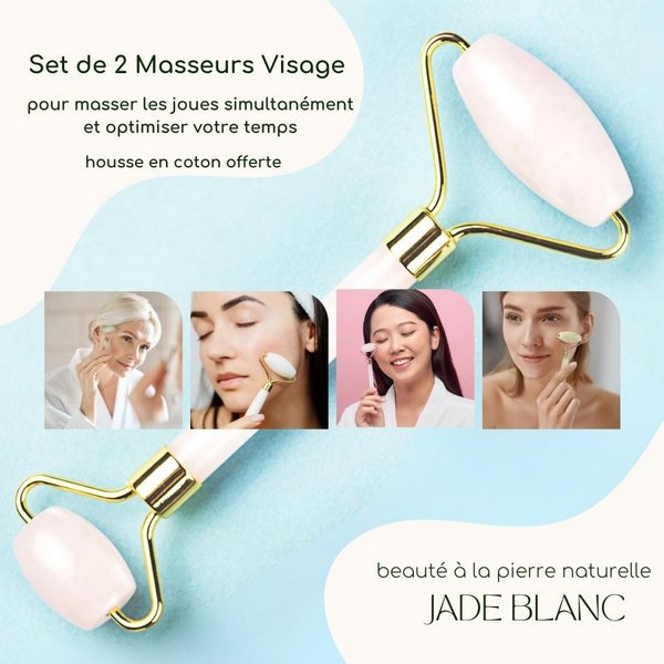 Set de 2 Rodillos Masajeadores - en Piedra Jade Blanco - Herramienta Natural y Masaje Facial - Bienestar Lift