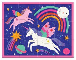  "Magical unicorn puzzle with rainbow, stars, moon, colorful design, pink purple blue"