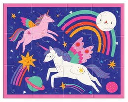 "Magical unicorn puzzle with rainbow, stars, moon, colorful design, pink purple blue"