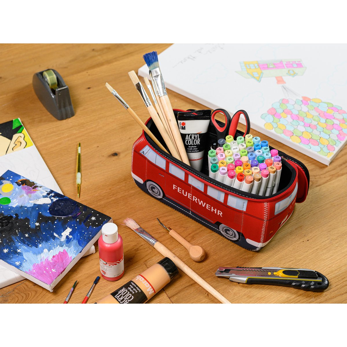 Volkswagen VW T1 Bus 3D Neopreen Universele Tas - Klein - Feuerwehr/Brandweerwagen/Rood