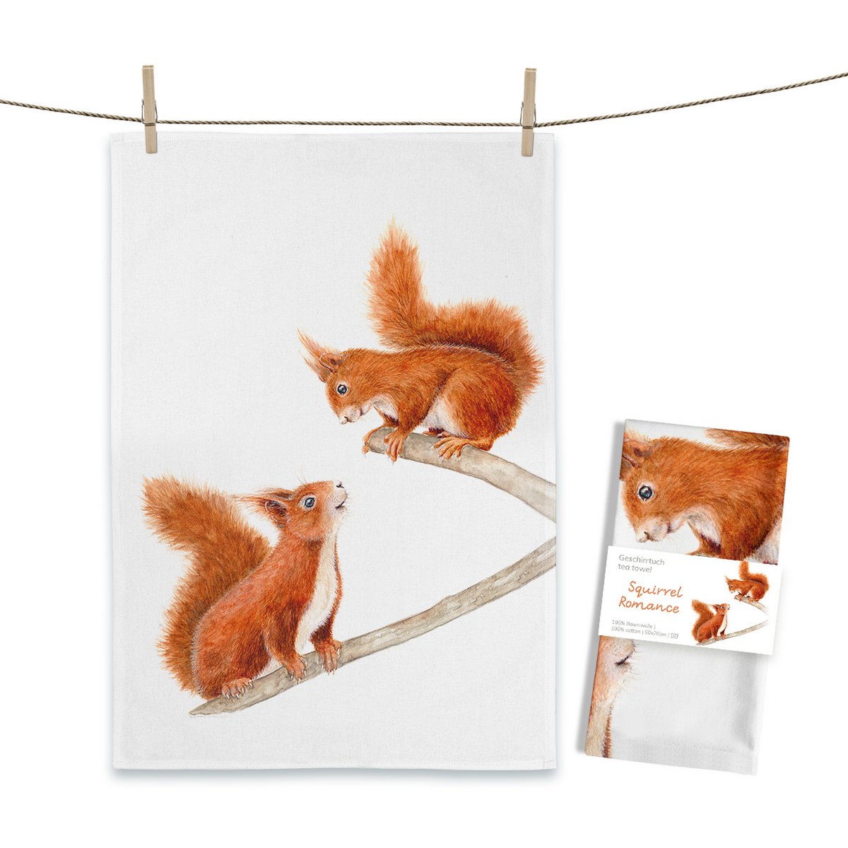 Squirrel Romance tea towel