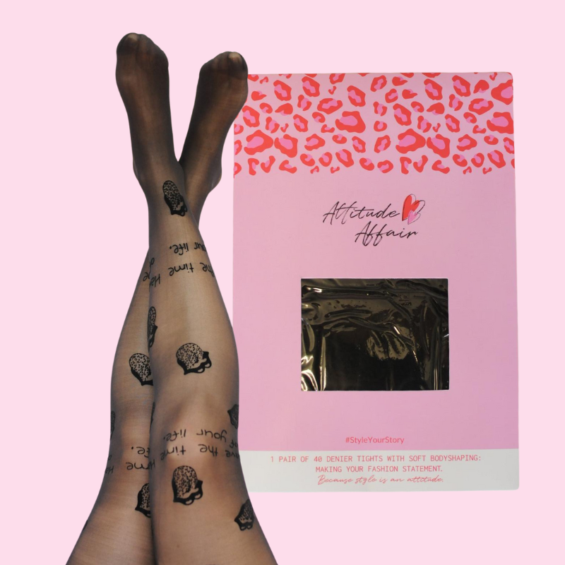 1 par %23StatementTights TEN EL TIEMPO DE TU VIDA Medias negras "Message on Tights" con lengüeta en estampado de leopardo 40 DEN