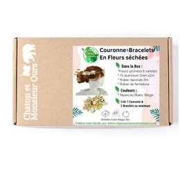 Dried flower craft kit containing a variety of dried flowers, leaves, and other natural materials in white, beige, pink, lavender, orange, yellow, and red colors. The kit includes instructions for creating decorative wreaths or bracelets.