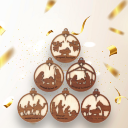 Set of 6 wooden Christmas ornaments with silhouette designs depicting various Christmas scenes, including a nativity scene, Santa's sleigh, and more. Made of brown wood with a red ribbon for hanging.