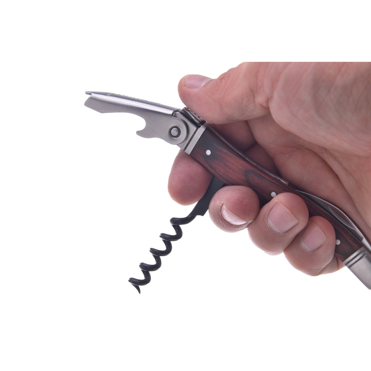 Laguiole vinopsamlingskasse, 4 tilbehør, proptrækker, prop, termometer, hældebeholder med prop, Pakka og rustfrit stål, sort