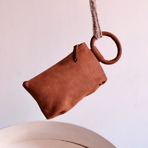 Cognac Leather Circular Handle Clutch 