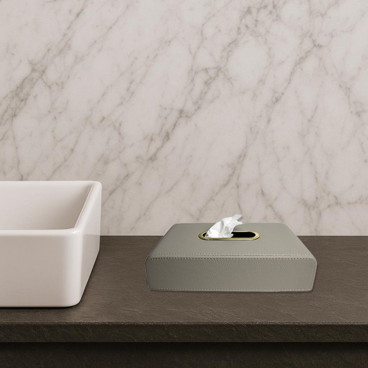 Tapping Box di stoffa in pelle sintetica grigio chiaro con apertura in ottone