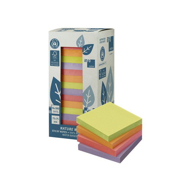 Info notes 75x75mm 16 x 100 blaadjes, 4 kleuren, blauwe engel, toren verpakking.