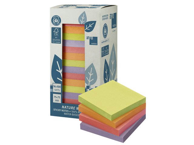 Info notes 75x75mm 16 x 100 blaadjes, 4 kleuren, blauwe engel, toren verpakking.