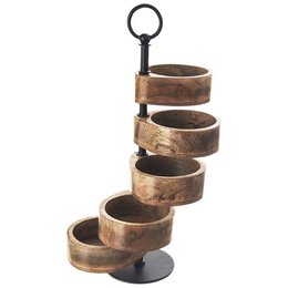 A 5-tier wooden cake stand with a mango finish, measuring 44.5 cm in height. Suitable for displaying and serving cakes, desserts, or other baked goods.