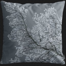 Gray cushion cover with frosted tree branches design, square 45x45 shape, winter botanical pattern