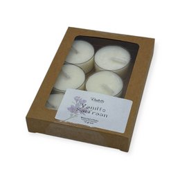 Vanilla and saffron scented tea lights in a box. Cream-colored round tea light candles with a natural, earthy aesthetic.