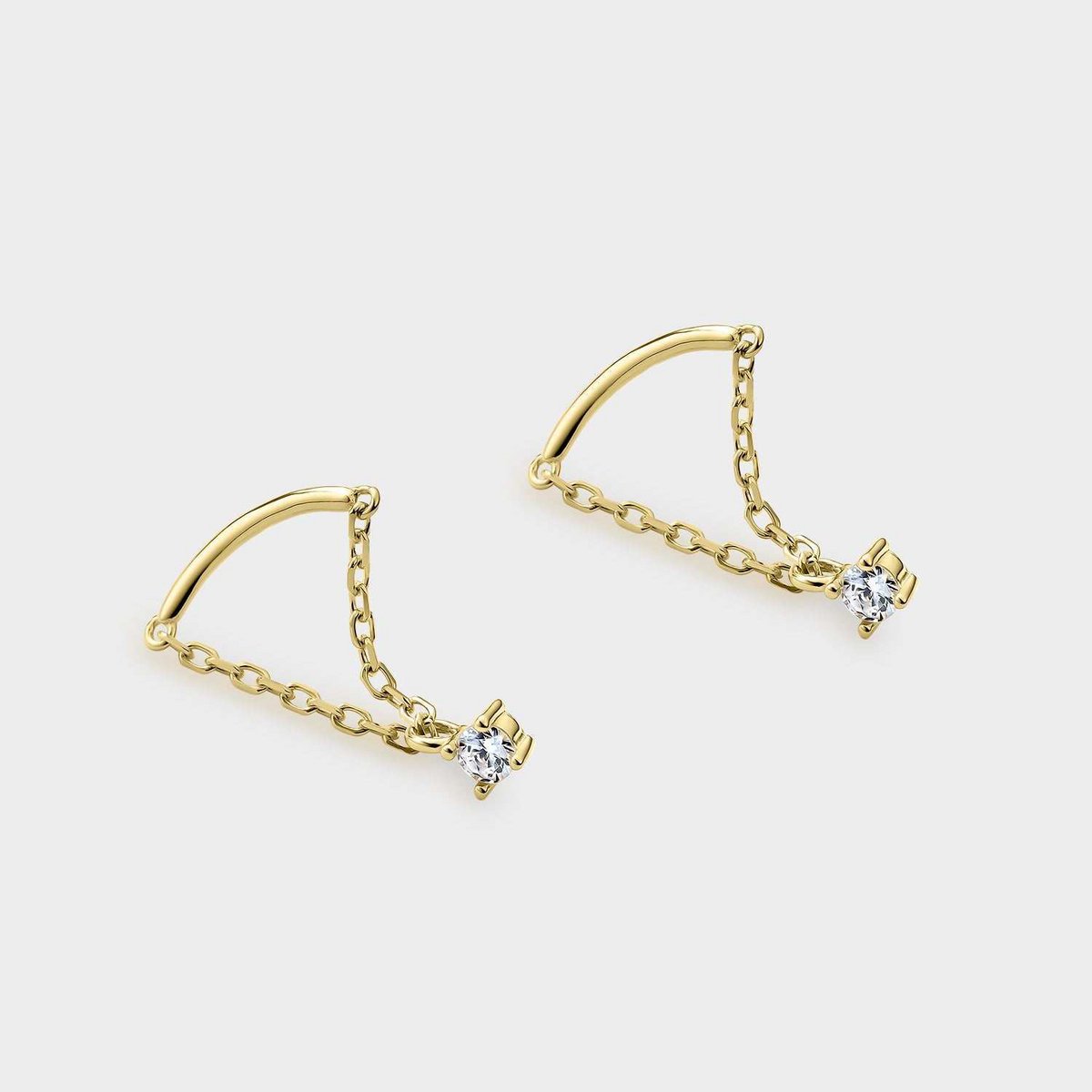 Yellow gold-plated silver earrings with curved bar motif with link chain and white zirconia pendant