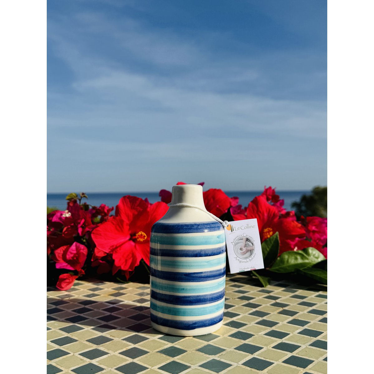 Keramikflasche Ölflasche Ölspender Ölkännchen "Mediterranea" für Olivenöl & Essig handgemacht in Italien