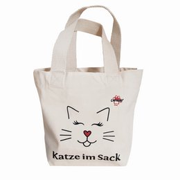 Small tote bag with a cat design, made of 100% organic material, featuring a cat graphic and text "Katze im Sack" (Cat in the Bag). The bag is suitable for carrying small items and has a comfortable handle.