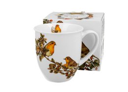  A white ceramic mug featuring a colorful design of European robins perched on branches with leaves. The mug has a capacity of 400ml and comes in a gift box.