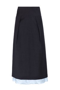 Midi-Wollrock mit hohem Bund in Grau und freiliegendem hellblauem Futter, hergestellt in Italien