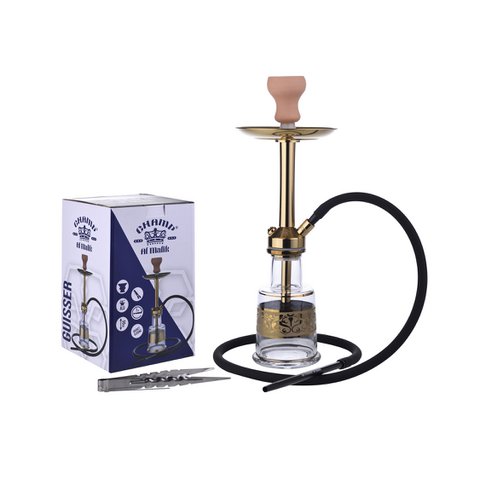 Chicha Complete Shisha Kit with Silicone Hose Ceramic Bowl, Tongs, Mouthpiece, Glass Base Hookah Complete Set Modern Gold