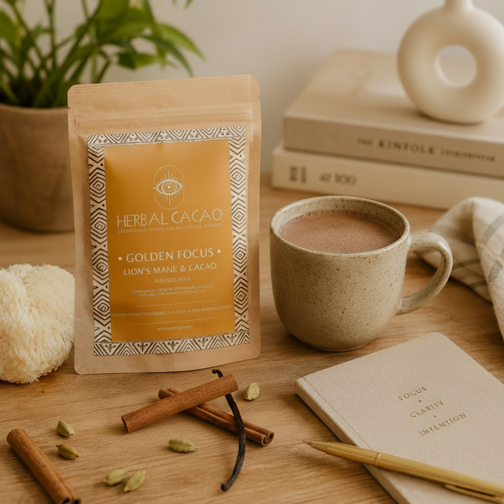 Lion’s Mane & Ceremonial Cacao | Golden Focus (10 pieces)