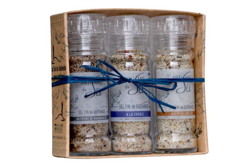 Box of 3 mills - Fine salt of Guérande IGP (Creole, Madagascar black pepper, grilled spices) | Salt craftsmen