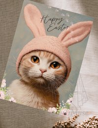  A postcard featuring a cat wearing a pink bunny ear hat with the text "Happy Easter" on a light blue background with flowers.