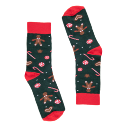 Gingerbreads socks in sizes 36-41 and 42-46, featuring a festive pattern with gingerbread men, candy canes, and other holiday elements.