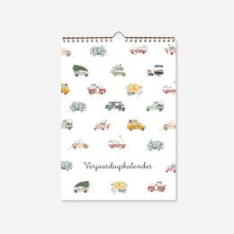 Colorful illustrated calendar with various camping vehicles and outdoor elements. Includes months and days for planning birthday celebrations.