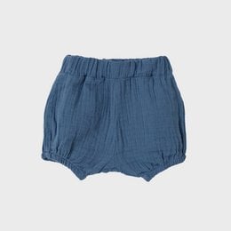 Organic muslin bloomer shorts in indigo color, suitable for infants and toddlers. Features a relaxed, comfortable fit and a classic style.