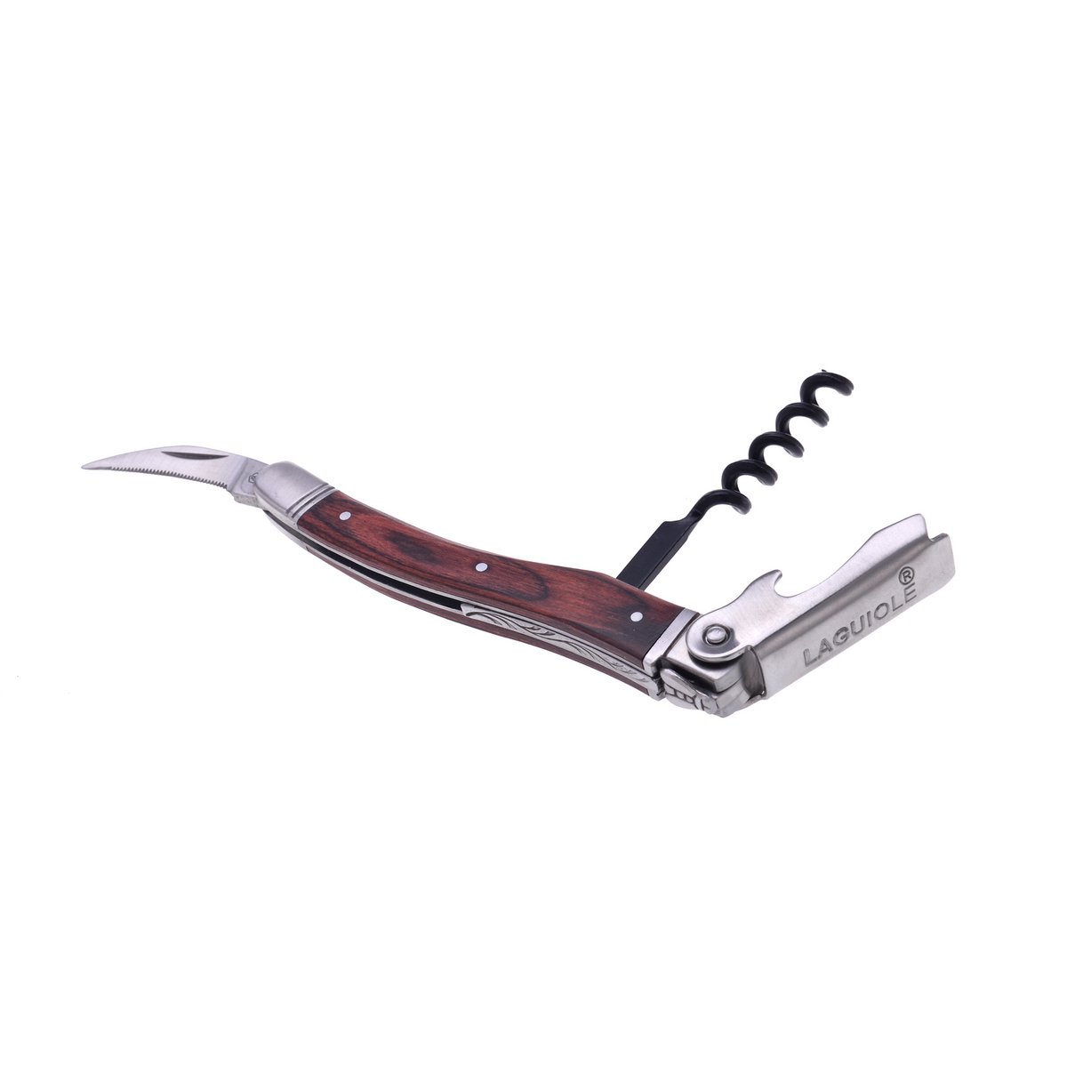 Laguiole vinopsamlingskasse, 4 tilbehør, proptrækker, prop, termometer, hældebeholder med prop, Pakka og rustfrit stål, sort