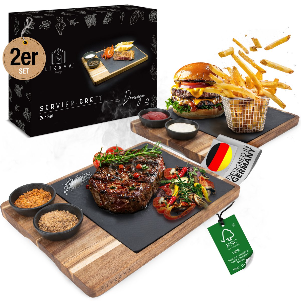 Serving Board XXL „Domingo” 2 Zestaw wykonany z drewna FSC® Acacia z płytami i miskami sosowymi