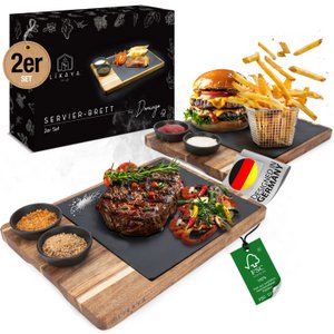 Servierbrett XXL ‘Domingo' 2er Set aus FSC® Akazien-Holz mit Schieferplatte & Saucen Schüsseln
