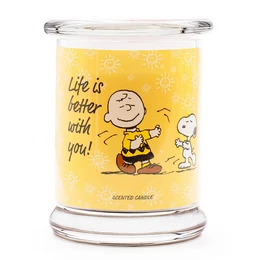 A round, tall scented candle with a yellow wax and a Peanuts character design. The candle has the text "Life is better with you!" printed on the glass container.