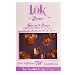 70% chocolate bark with physalis and banana, 85g. Dark chocolate with orange and banana pieces.